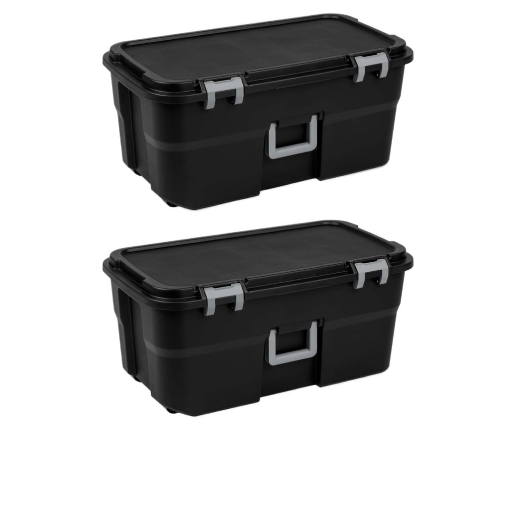 2 Pack 22 Gallon Black Wheeled Lockable Plastic Storage Trunk C9121