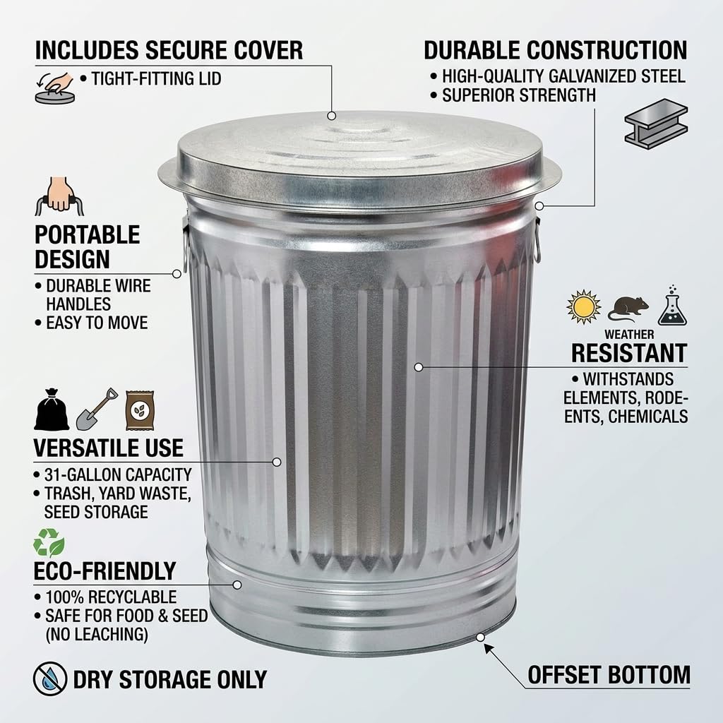 31 Gallon Galvanized Steel Trash Can with Lid B80405