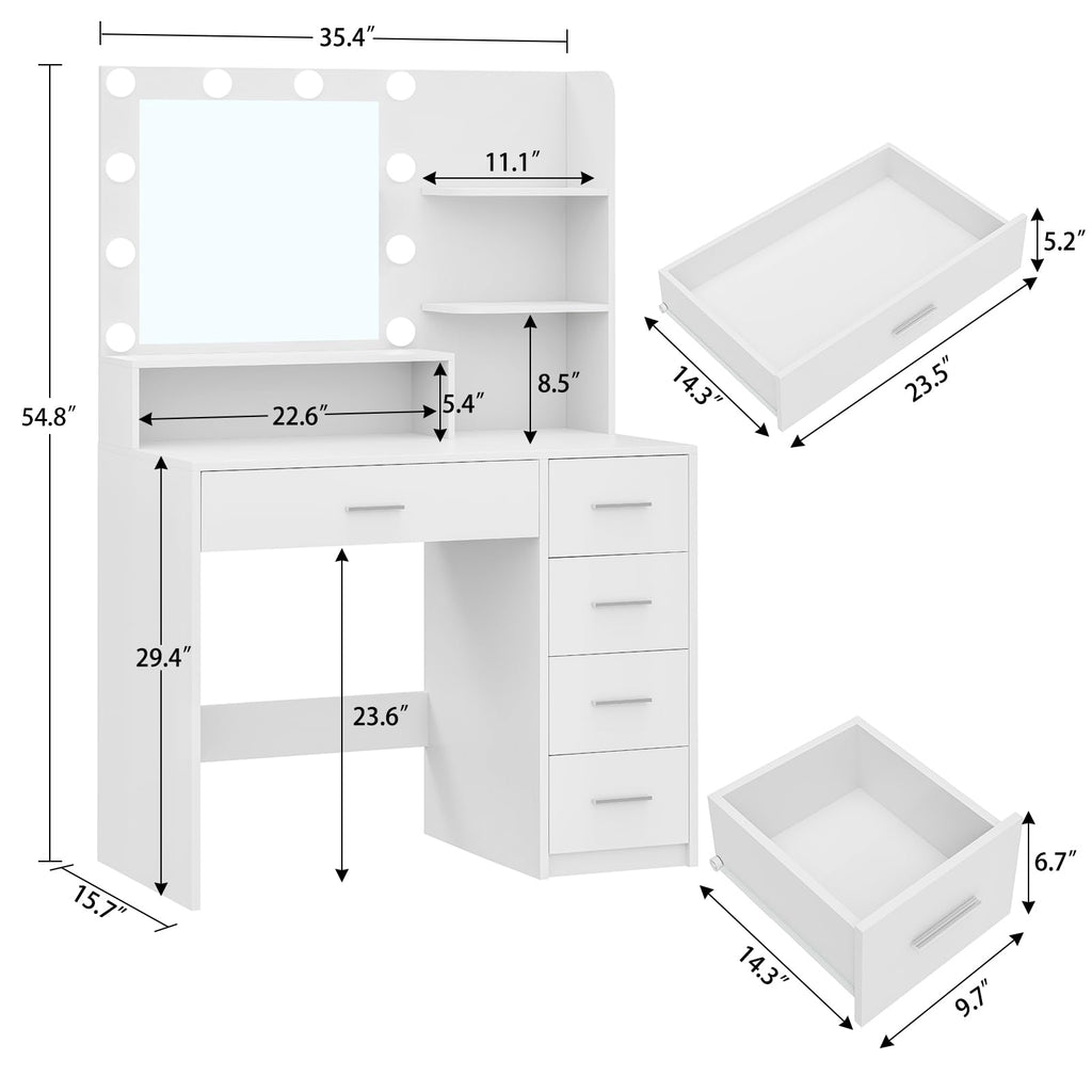 White Vanity Desk with Mirror & Lights, 5 Drawers & Storage Shelves C704189