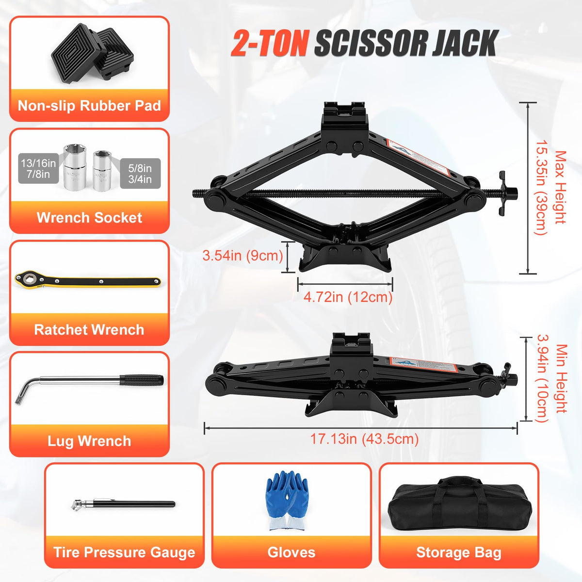 2 Ton Scissor Jack with 2 Rubber Pads P3644