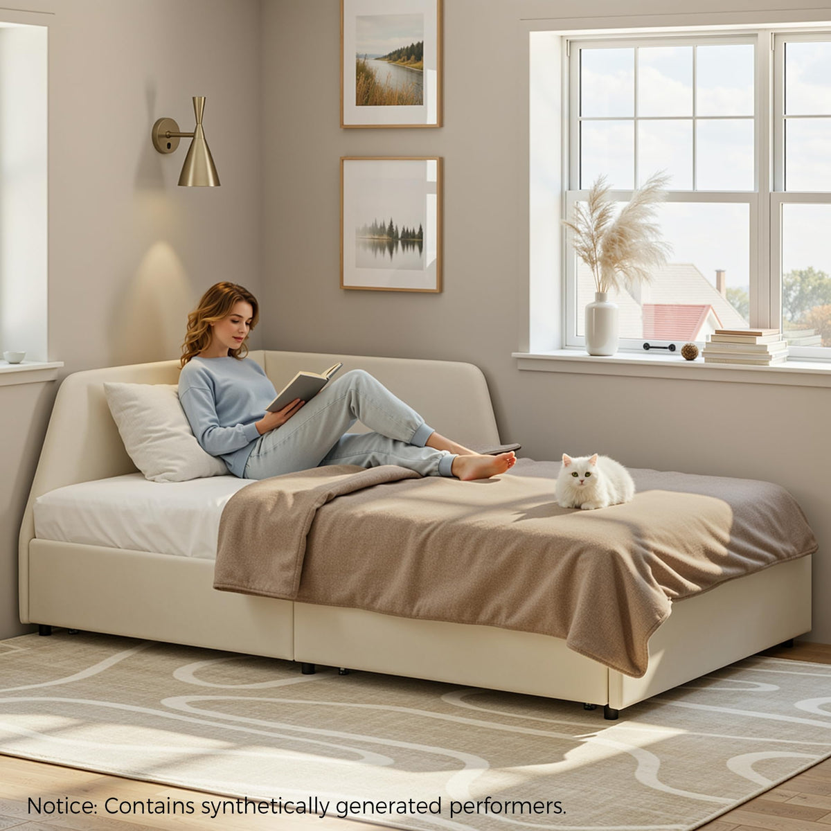 Twin Corner Daybed with 2 Drawers and Headboard, Beige D1583