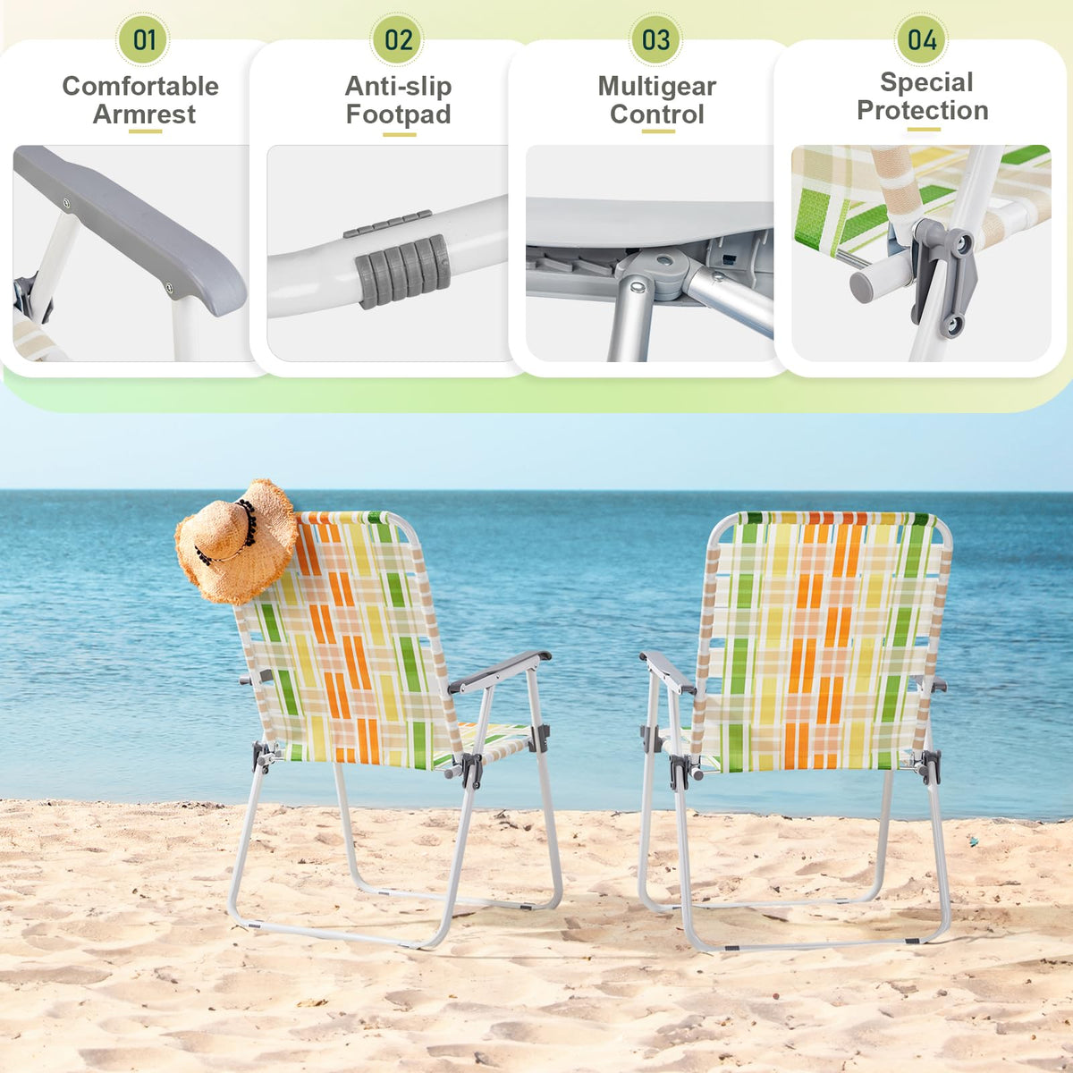 2 Pcs Lightweight Folding Beach Chairs with Armrests Q8802