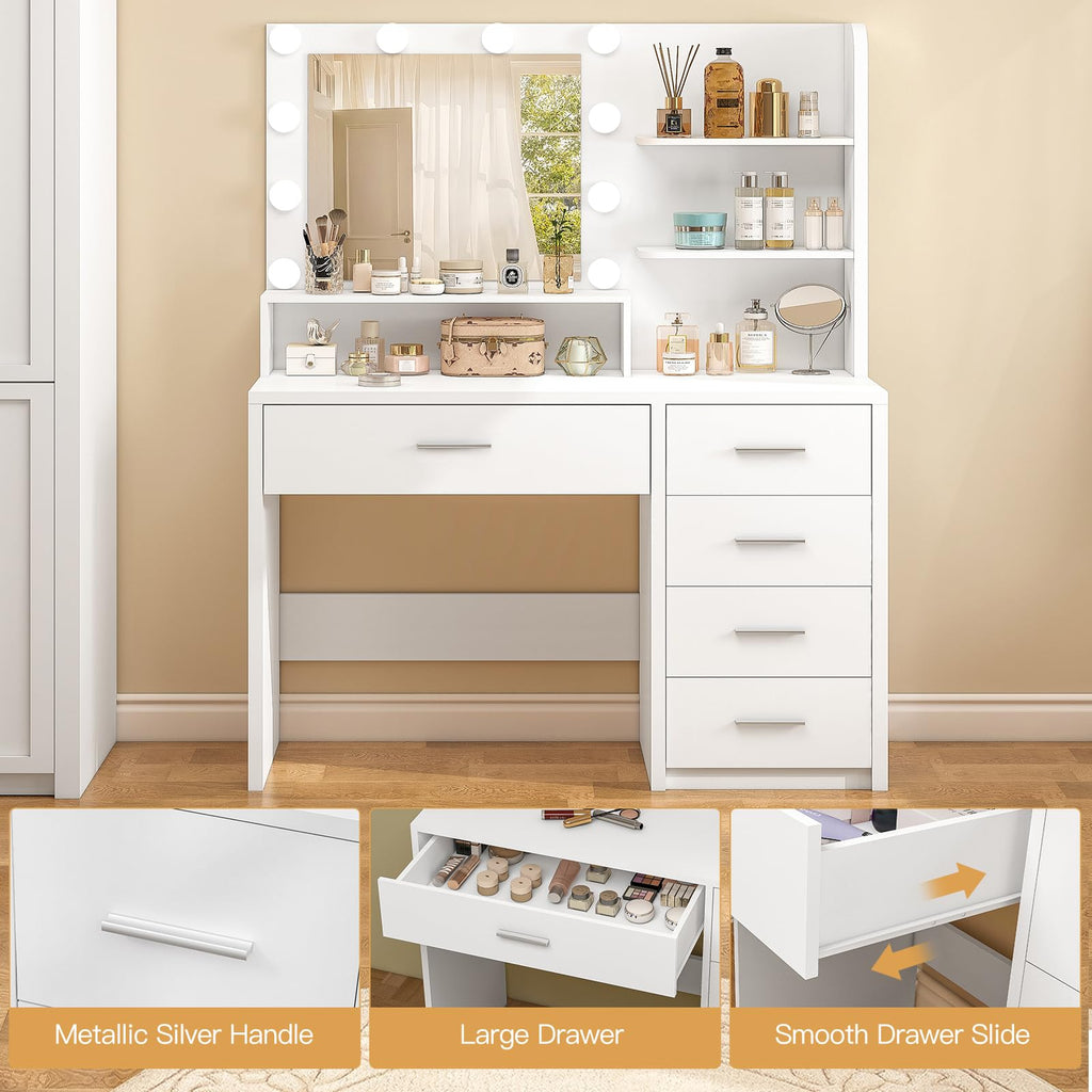 White Vanity Desk with Mirror & Lights, 5 Drawers & Storage Shelves C704189