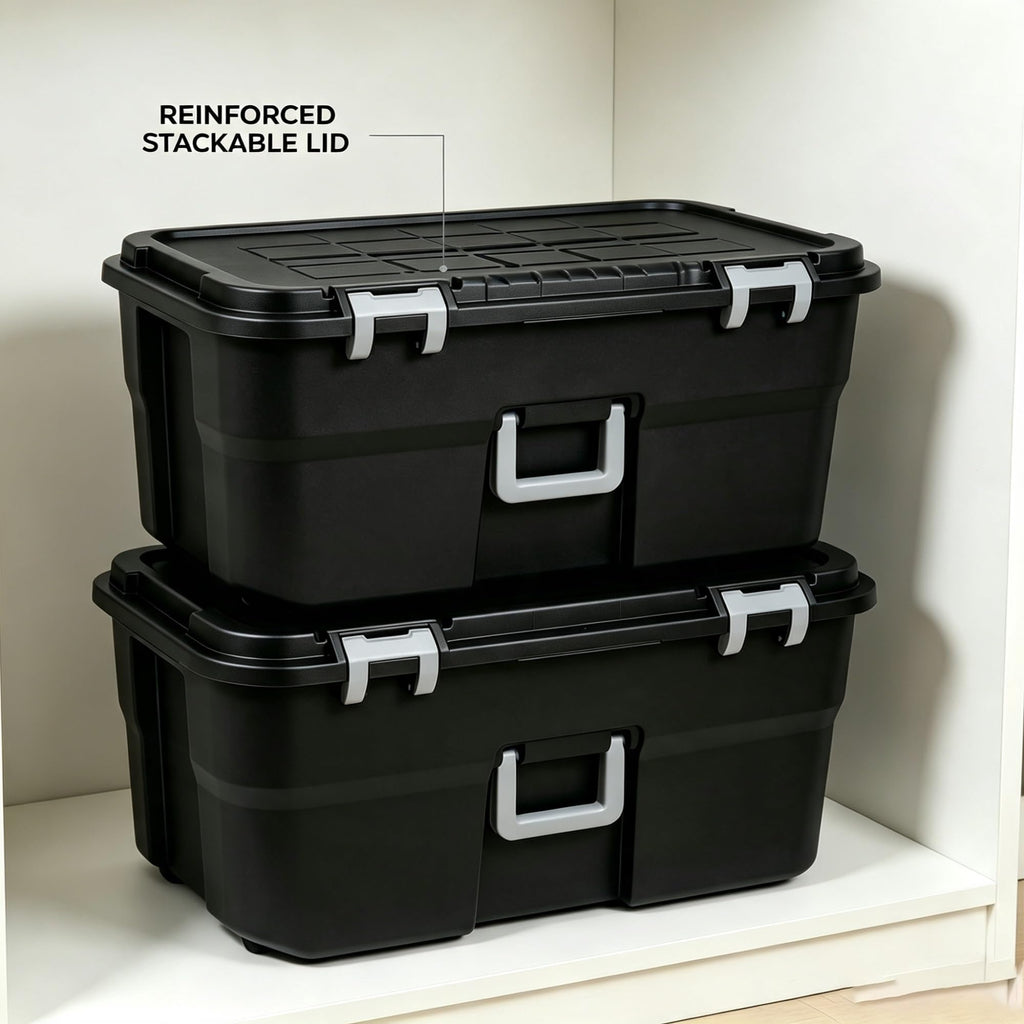 2 Pack 22 Gallon Black Wheeled Lockable Plastic Storage Trunk C9121