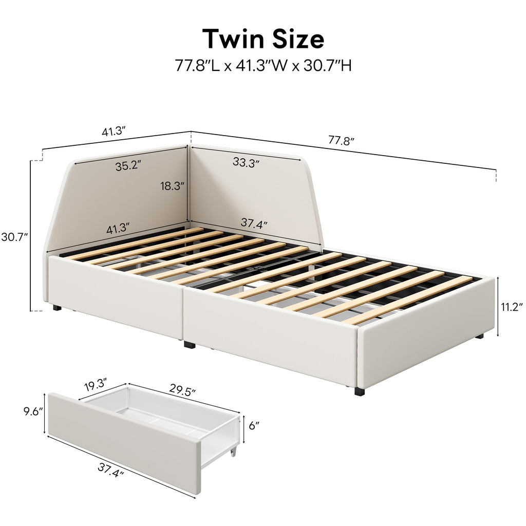 Twin Corner Daybed with 2 Drawers and Headboard, Beige D1583