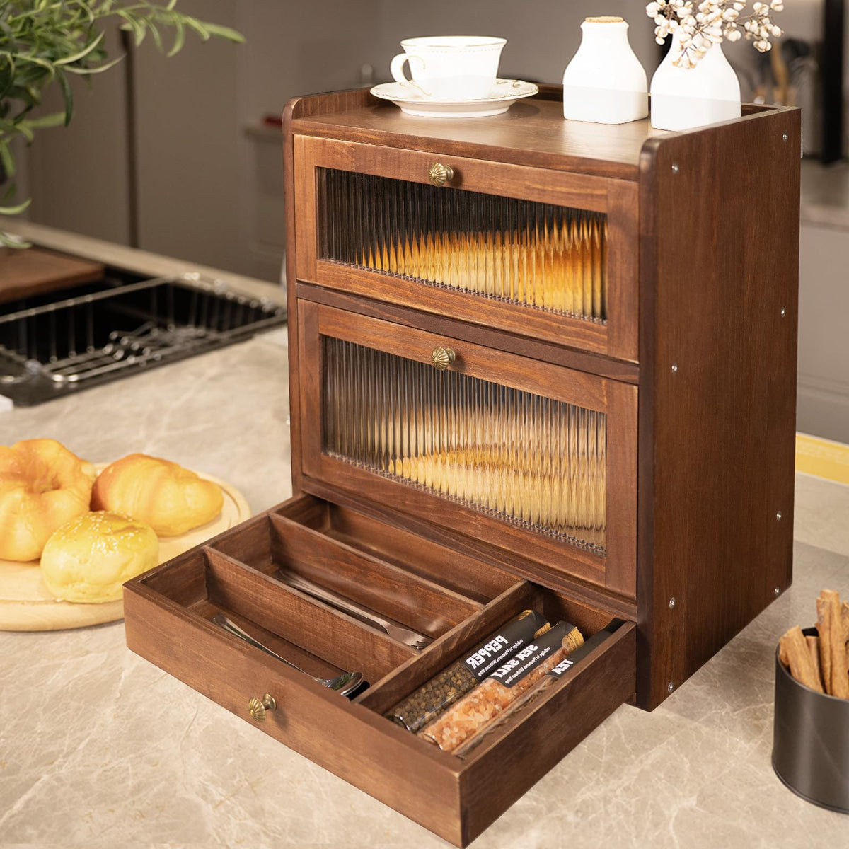 Wood Bread Box with Cutlery Drawer I2008