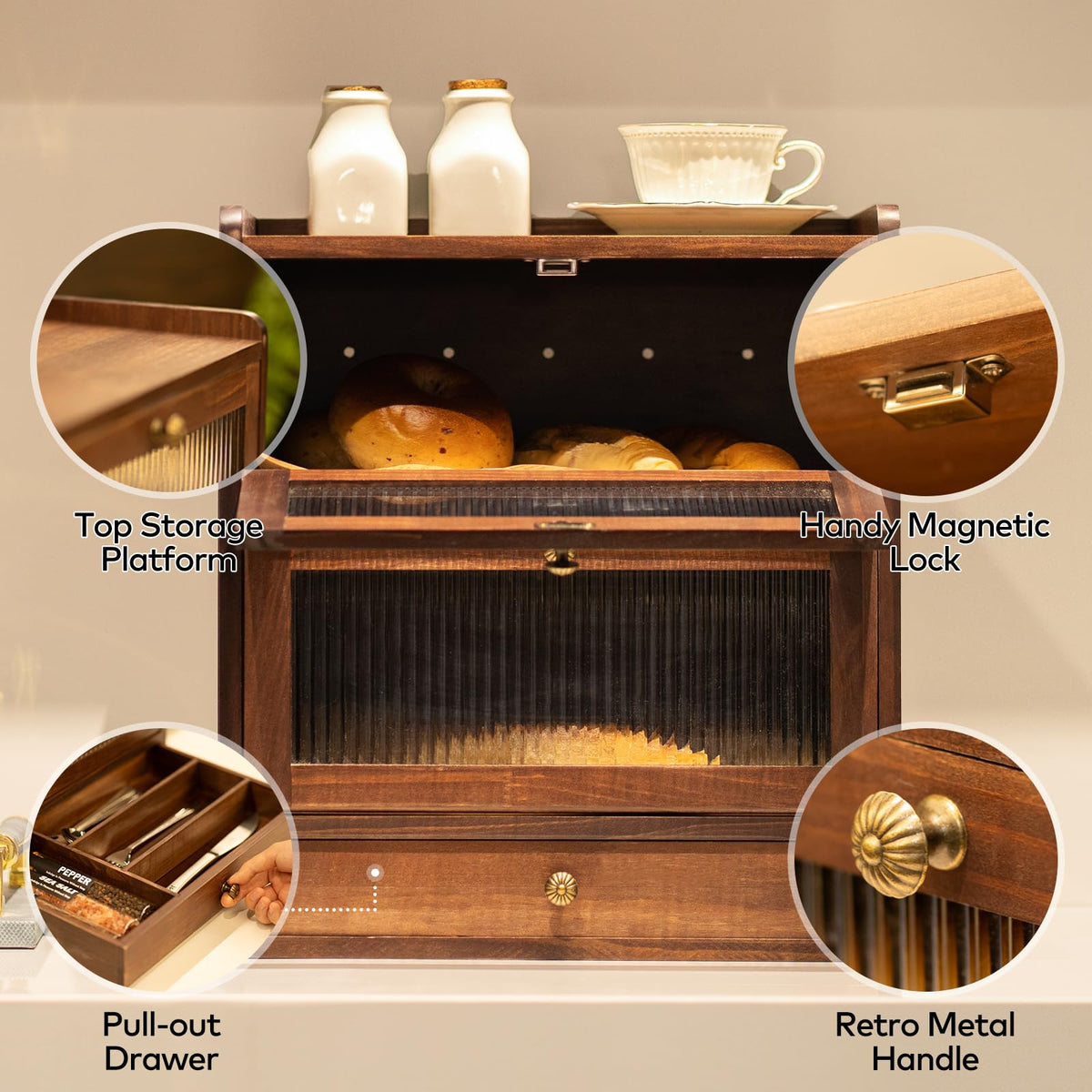 Wood Bread Box with Cutlery Drawer I2008
