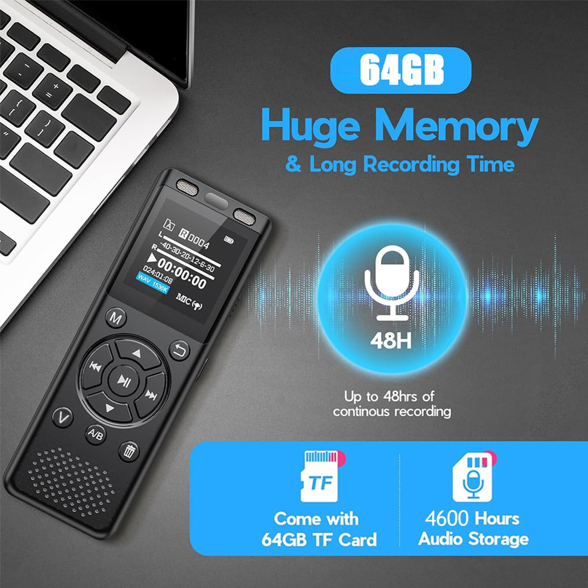 64GB Digital Voice Recorder with Playback E7213