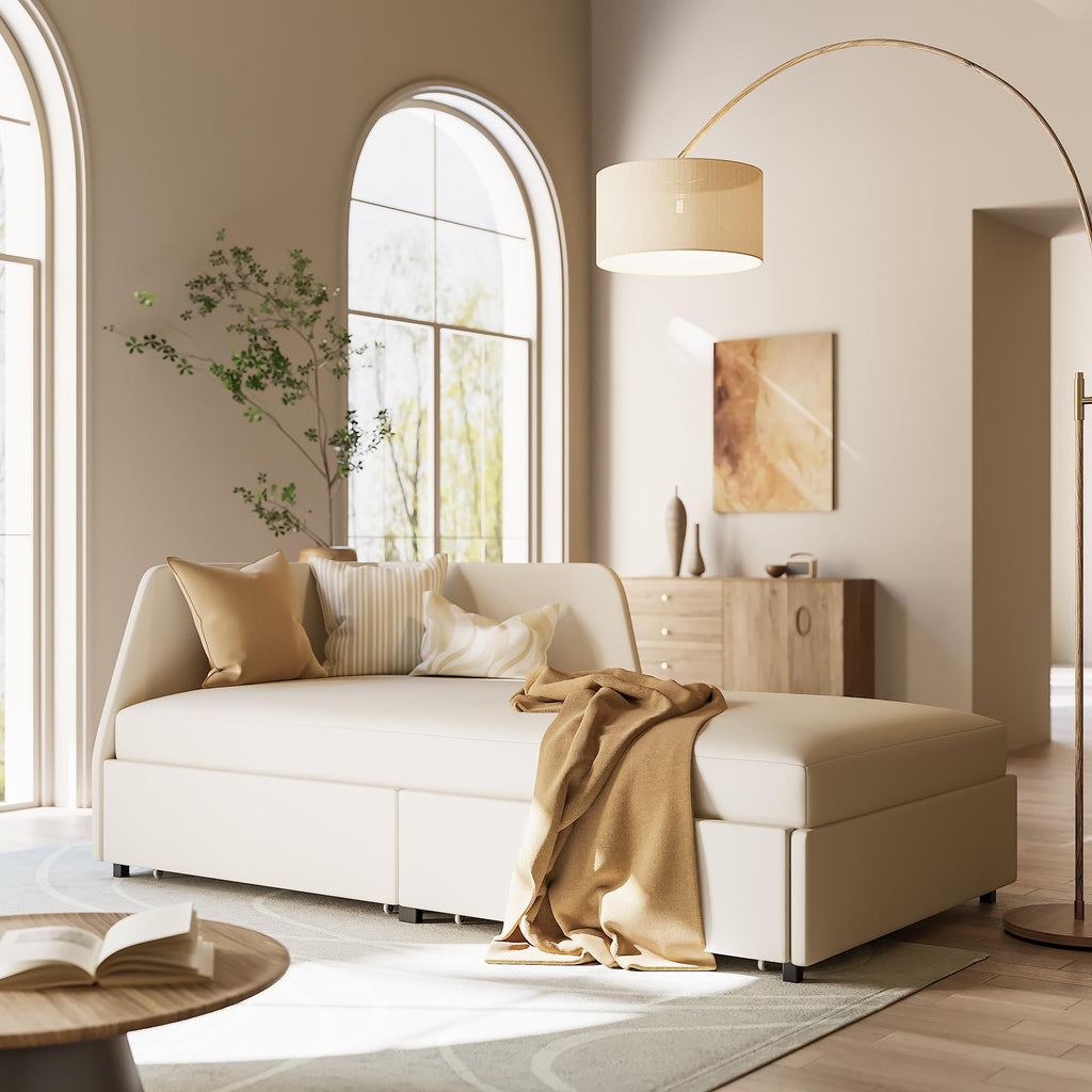 Twin Corner Daybed with 2 Drawers and Headboard, Beige D1583