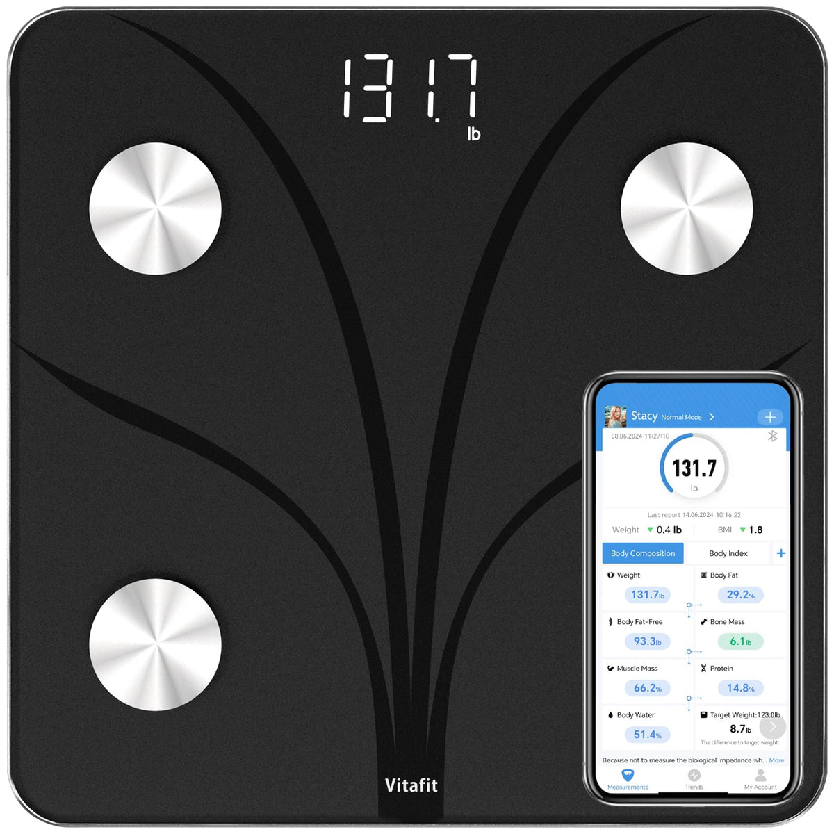 Smart Weight Scale with BMI Body Fat and Muscle, 400lb, Black I358847