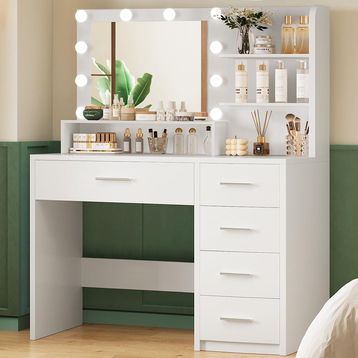 White Vanity Desk with Mirror & Lights, 5 Drawers & Storage Shelves C704189
