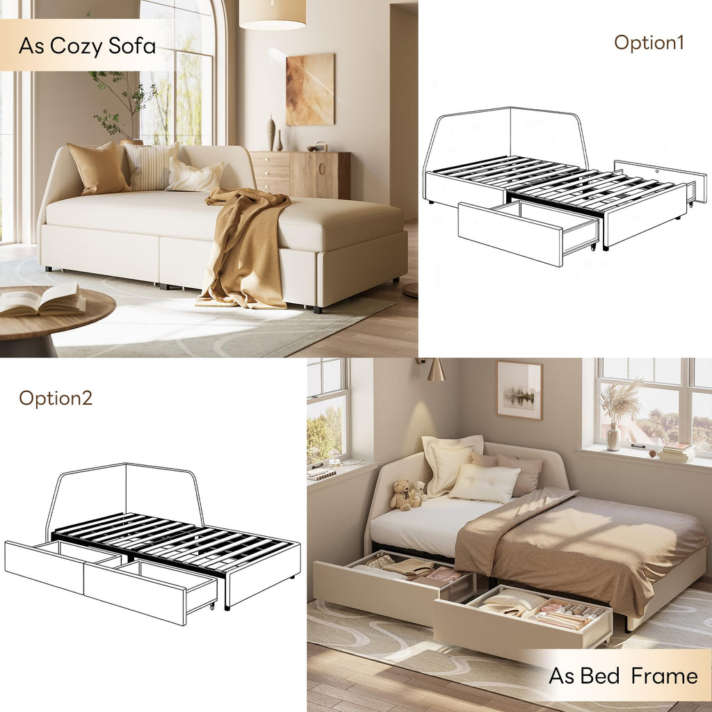 Twin Corner Daybed with 2 Drawers and Headboard, Beige D1583