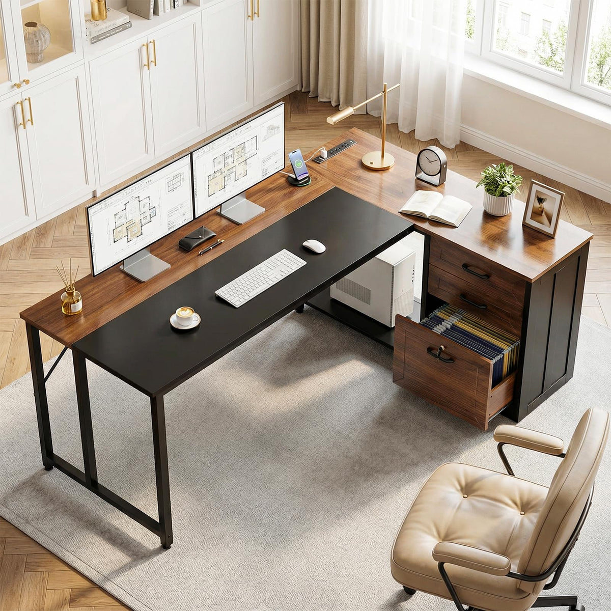 61" L Shaped Office Desk with Wood Drawers U460950