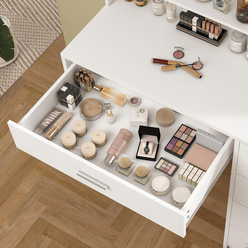 White Vanity Desk with Mirror & Lights, 5 Drawers & Storage Shelves C704189