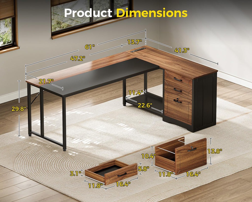 61" L Shaped Office Desk with Wood Drawers U460950