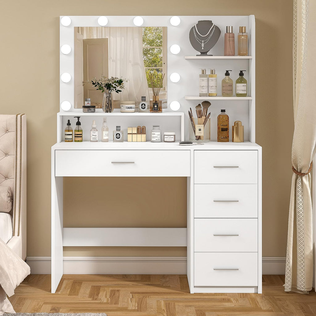 White Vanity Desk with Mirror & Lights, 5 Drawers & Storage Shelves C704189