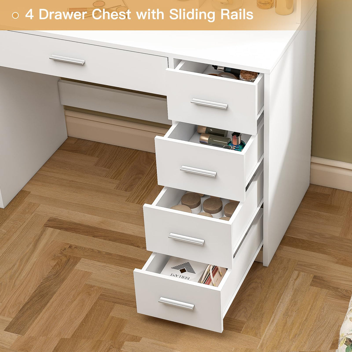 White Vanity Desk with Mirror & Lights, 5 Drawers & Storage Shelves C704189