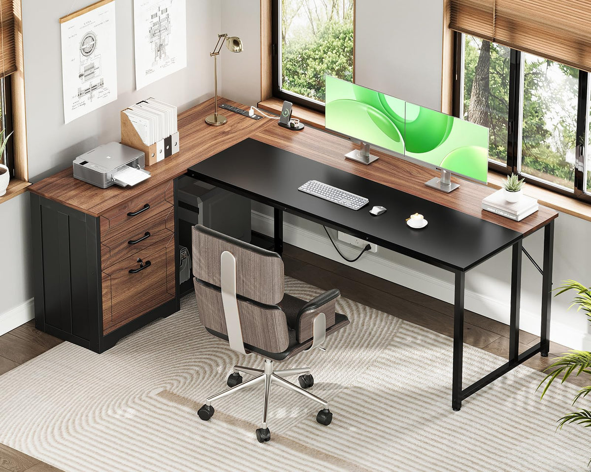 61" L Shaped Office Desk with Wood Drawers U460950