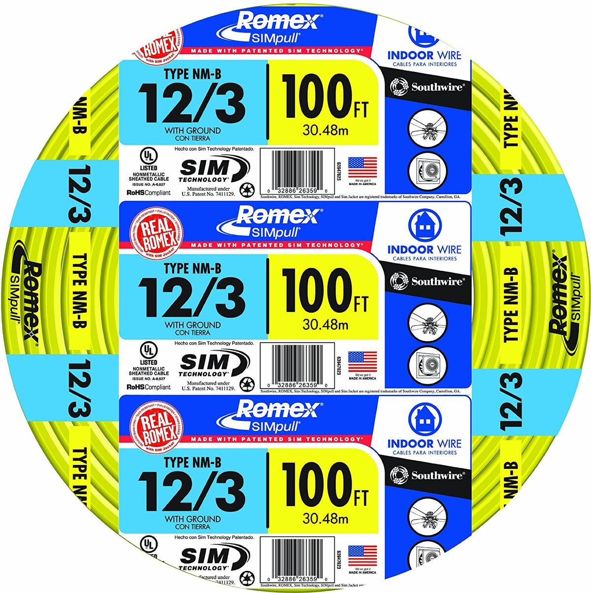100' 12/3 with Ground Indoor Electrical Wire NM-B Yellow Y833321