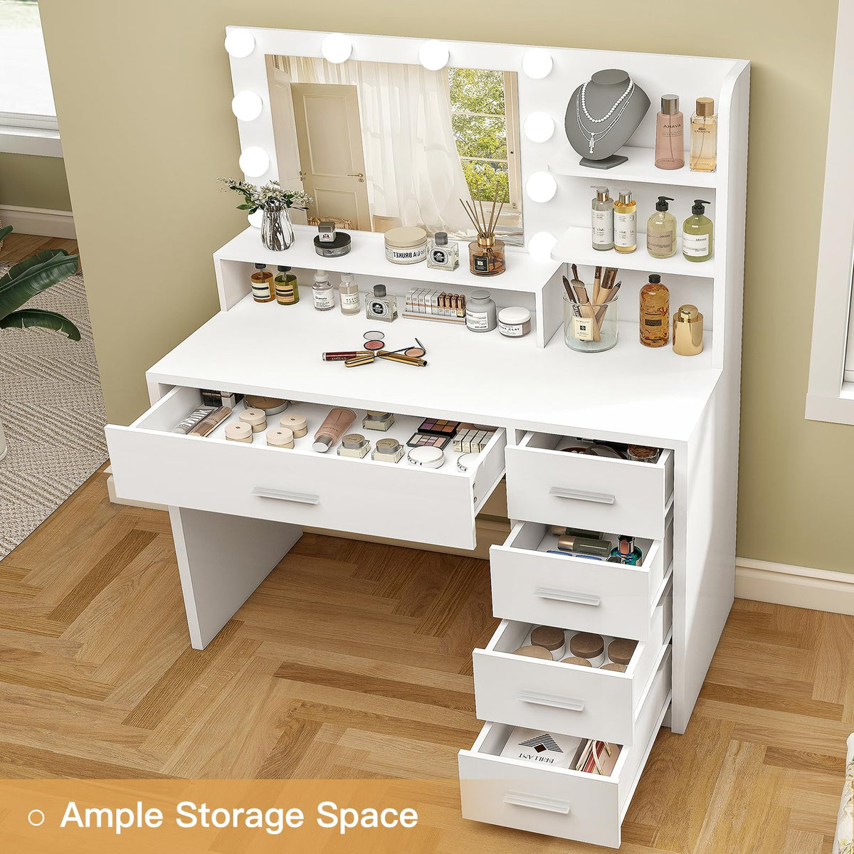 White Vanity Desk with Mirror & Lights, 5 Drawers & Storage Shelves C704189